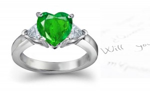 Latest Edition: Sparkling Trillion Diamond & Heart Emerald 3 Stone Ring in Platinum & Gold