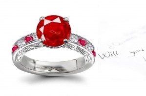 Diamonds in Unique Designs: Round Vivid Red Ruby Diamond Valentines Day Gold Ring with Ancient Style Rich Engraving Information Details Saving