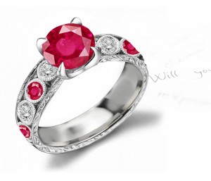 Fantastic Shapes: In House Created Estate Design Ruby and Diamond Ring with Finely-Scrolled Openwork Detail in Strong Platinum Size 3 to 8