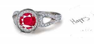 Latest Designs: Striking Shades & Hues Crimson Red Ruby in Diamond Frame held aloft by Curved Split Shank Inserted As Part of Ring Body