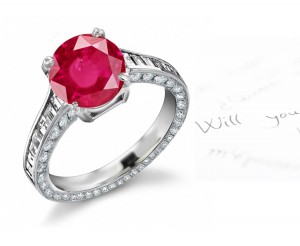 Distinguishing Mark: Timeless Design Round Ruby & Baguette Diamond Ring with Diamond Decorated Inserted on Gold Body Right & Left Sides