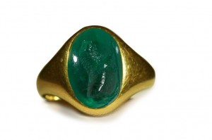 Substance, Shape, Movement, Radiance: Ancient Rich Green Color & Vibrant Emerald Red Sea in Gold Signet Ring Depicting A Lion with Dark Black Shades