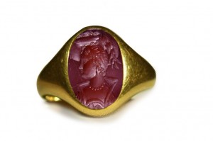 Radiation, Illumination & Red Hot Fire: Ancient Signet Rings with Rich Blood Red Color Burma Ruby Gold Signet Ring Depicting The Figure of a Roman Emporer