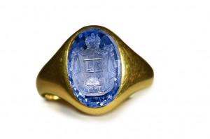 Long Shape Shadowy Depths Circle of Radiance: Ancient Rich Blue Color & Vibrant Burma Sapphire in Gold Signet Ring Depicting Head Eyes of a Royal Emblem