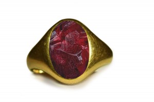 Daring Soldiers: Fearless Ancient Rich Red Color & Vibrant Ruby Burma in Gold Signet Ring Image Depicting The Head, Face, Eyes of A Roman King 