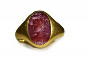Ancient Signet Rings with Rich Blood Red Color Burma Ruby Gold Signet Ring Depecting The Head, Eyes of a Roman Emporer Carved For Special Sacredness