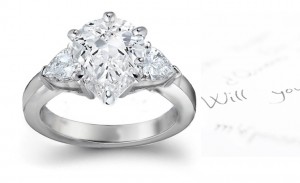 Three Stone Pears Diamond & Side Heart Diamonds Three Stone Anniversary Ring