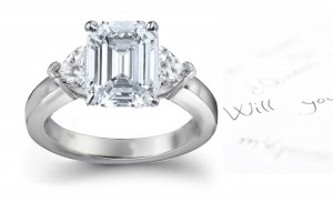 Three Stone Emerald Cut Diamond Side Heart Diamonds Three Stone Ring