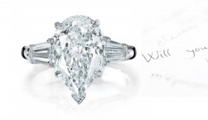 Center Pears & Side Baguette Diamonds Three Stone Ring