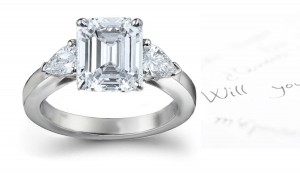 Center Octogon & Side Pears Diamonds Three Stone Ring