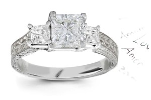 Three Stone Diamond Engagement Rings: Three Stone Diamond (Rings with Princess Cut Diamonds) Ring in Platinum & 14K White Yellow Gold. 