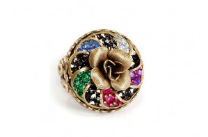 Large Pyrite Crystal Rocks Ruby Emerald Sapphire Diamond Amethyst and Bronze Flower Dome Ring
