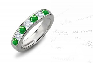 Emerald Wedding Ring: Emerald and Diamond Rounds Channel Set Men's Rings in 14K White Gold with minimal inclusions