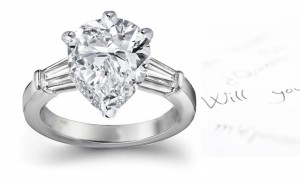 Center Pears & Side Baguette Diamonds Three Stone Ring