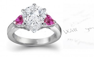 3 Stone Rare Deep Pink Pears Sapphire & Pears White Diamonds Ring in Gold