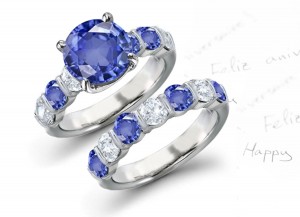 Collector Rings: 5 Stone Style Diamond Blue Sapphire Ring & 5 Stone Gold Band Representing Love Throughout A Lifetime
