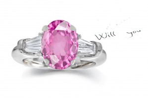14k Gold Fine Deep Pink Oval Sapphire Tapered White Diamonds Ring