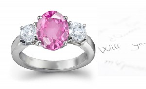 3 Stone Fine Deep Pink Oval Sapphire & Round White Diamonds Platinum Ring