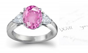 Fine Deep Pink Oval Sapphire & Pears White Diamonds Engagement Ring