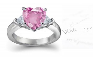 3 Stone Fine Deep Pink Heart Sapphire & Trillion White Diamonds Ring in Gold