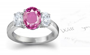 The Maggiore Collection: 3 Stone Ladies Pink Oval Sapphire & Oval White Diamonds Ring