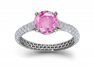 Ring of Bark: Round Rich Pink Sapphire & Pave Set Diamond Ring in Platinum & Gold