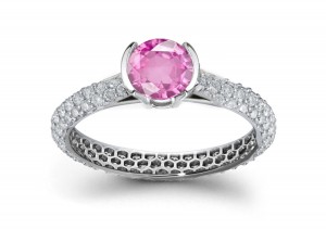 The Lotus Gallery: Round Pink Sapphire & Pave Set Diamond Ring in 14k White Gold