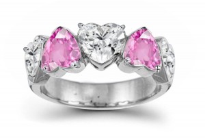 The Slant Ring: 5 Stone Pink Heart Sapphire & Heart White Diamond Ring 