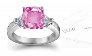 Flowering Trees: 3 Stone Cushion Cut Pink Celestial Sapphire & Trillion White Diamond Ring