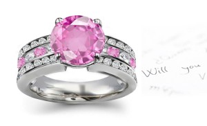 Platinum 3 Channel Set Pink Regal Sapphire White Diamond Ring in 14k White Gold