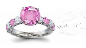 Gold 7 Stone Round Pink Regal Sapphire White Diamond Ring in 1 to 5 carats