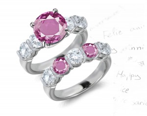 5 Stone Round Pink Noble Sapphire & White Diamond Engagement & Wedding Bridal Set Collection in Platinum & Gold