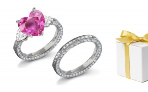 3 Stone Heart Pink Sapphire & Heart Diamond Ring in 14k White White gold & Platinum