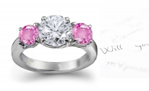 3 Stone Round Pink Sapphire Diamond Engagement Ring in Platinum & 14k White gold