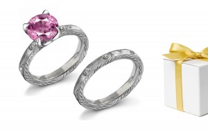 Engraved Pink Sapphire Diamond Ring in 14k White, Yellow White gold & Platinum 