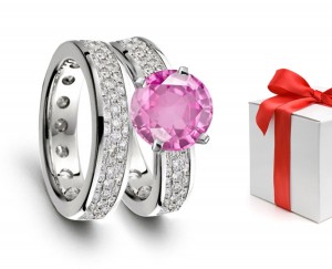 Vivid Pink Sapphire & Diamond Engagement & Wedding Rings Men's Matching Band Available On Request