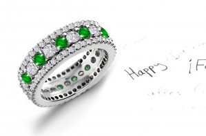 A Most Interesting: Twinkling Triple Row Emerald & Diamond Cocktail Band in gold mountings