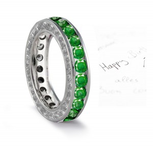 Attention & Admiration: Vintage Engraved Wedding Band Entirely Made of Round Vibrant Green Emeralds in Platinum or Gold