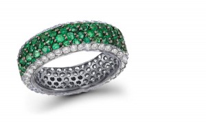 Huge Micropave Emerald & Diamond Eternity Gold Band & Diamond Halo Sparkles