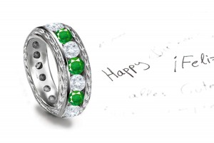 Flower of Youth: Nature Theme Scrolls & Motifs Emerald Wedding Ladies Band with Dark Deep Green Emeralds