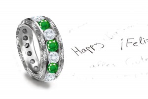 IN CURRENT STOCK: Everyday Wear Stylistic 14k Gold Diamonds & Emeralds Gleaming Embossed RinG in Range of Pricesg