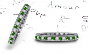 New Milgrain Edge: Gold Wire Decorated Emerald & Diamond Eternity Band with Brilliant Green of Cypress