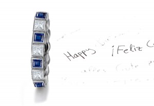 Bezel Set Square Sapphire & Princess Cut Diamond Gold Band in many Ct Wts