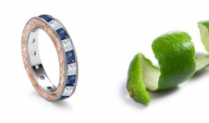 Princess Cut Diamond & Sapphire engraved on the sides with foliate motif