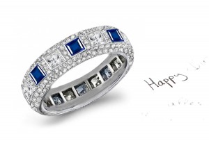 Pave Set Princess Cut Diamond & Sapphire Large Band in Platinum