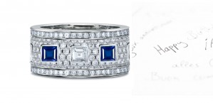 Pave Set Princess Cut Diamond & Sapphire Large Band in Platinum