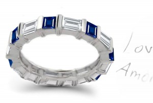 Princess Cut Sapphire & Baguette Diamond Gold Band 