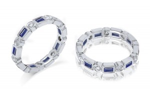 Baguette Sapphire & Round Diamond Band in 14k White Gold