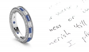 Baguette Sapphire & Diamond Wedding Ring in Gold Engraved Shank