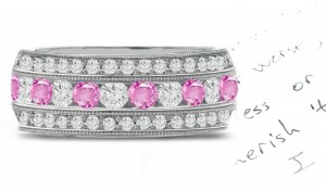 Stacked Women's Pink Sapphire & Diamond Eternity Wedding Band in Platinum & 14k Yellow gold